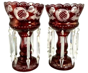 Antique Pair of Bohemian Ruby Cut to Clear Glass Mantle Lustres w/ Prisms - Picture 1 of 7
