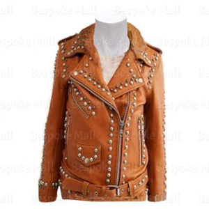 Nuova Giacca Donna Stile Brando Marrone Argento Pieno Borchie Unica In Pelle con Cerniera-279 - Foto 1 di 4