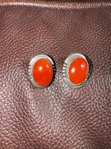 Vintage Coral Earrings Sterling Silver Clip On Southwestern Style Signed - Picture 1 of 4