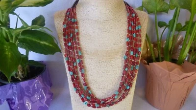 Native American Navajo Coral And Kingman Turquoise Mutli Strand Necklace 925 - Image 1 of 4