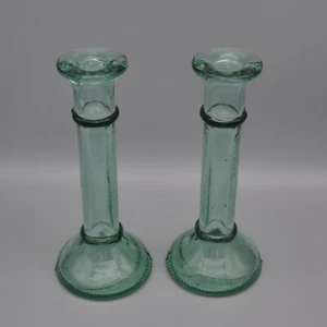 Pair Green Glass Bottle Candle Stick Holders Recycle Upcycle Art Handcrafted 8" - Picture 1 of 12