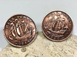 Britain Coin Cuff Links British Half Penny United Kingdom Custom Made Vintage - Picture 1 of 5