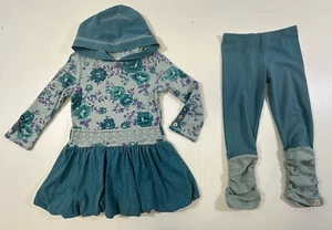 Naartjie Girls Teal Cotton Rose Hooded Long Sleeve Dress Legging Pants Set 3 XS - Picture 1 of 12