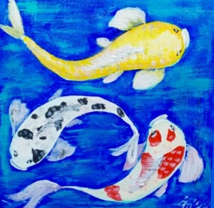Pintura Original Koi Carpas Feng Shui Regalo Pequeño Arte Hecho a Mano Arte de Pared - Imagen 1 de 9