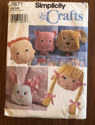 Simplicity Crafts 7871 Pillow Pattern Cat Dog Bunny Boy Girl 11” - Image 1 of 4