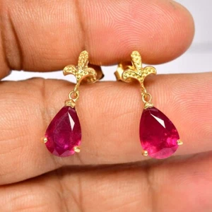 925 STERLING SILVER NATURAL PINK RED RUBY PEAR GEMSTONE 12X8 MM.  DANGLE EARRING - Picture 1 of 8
