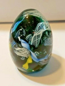 Murano Italian Glass Egg Shaped Black Paperweight Lattice Ribbon Design - Picture 1 of 10