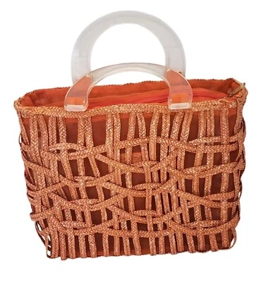 Fina Firenze Woven Straw Purse Bag Pastel Orange Lucite Handles Mesh Lined 60's - Image 1 of 4