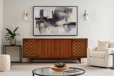 Extra LONG Mid Century MODERN Walnut Stereo Cabinet / CREDENZA / Media Stand - Image 1 of 4