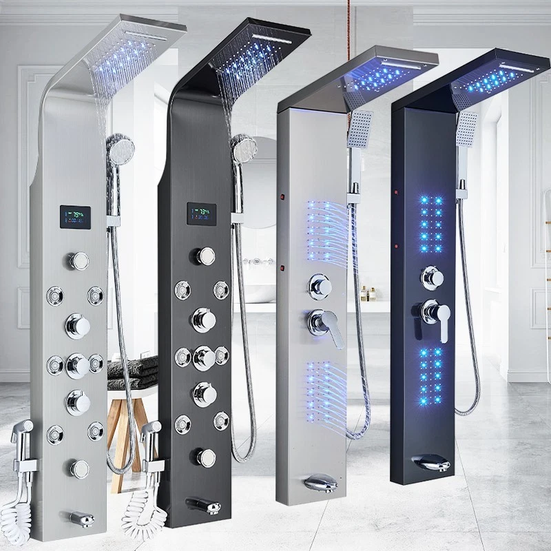 LED Colonna Pannello Doccia idromassaggio Set Acciaio Nero Oro Doccetta Cascata - Immagine 1 di 1