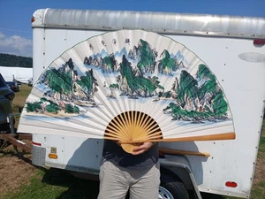 Vintage Giant 63" by 35" Oriental Home Decor Wall Hanging Folding Fan Mountains - Picture 1 of 6