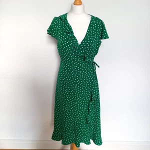 Primark UK 12 Green Polkadot Short Sleeve Wrap Midi Dress - Picture 1 of 8