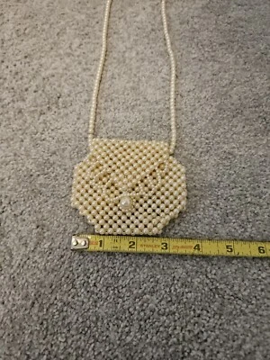 Mini White Pearl Purse Crossbody Pouch Necklace Beaded Vintage 3.5" x 17" strap - Image 1 of 4