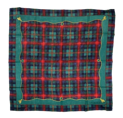 CACHECOL VINTAGE OSCAR DE LA RENTA VERDE XADREZ CORDA DOURADA 30" QUADRADO 100% LÃ PESCOÇO - Imagem 1 de 2