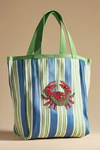 Anthropologie Striped Beach Tote Embroidered Crab - Picture 1 of 3