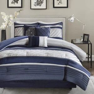 BEAUTIFUL CHIC ELEGANT BLUE LIGHT NAVY WHITE GREY PINTUCK SOFT COMFORTER SET - Picture 1 of 3