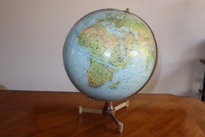 REPLOGLE 12" Globe Land And Sea Raised Relief Tri-Footed Stand Metal / Wood - Picture 1 of 17