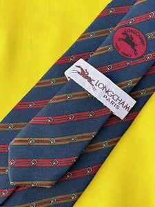 Authentic LONGCHAMP Striped Belt Design On Navy Blue 100% Silk Necktie Tie - Picture 1 of 15