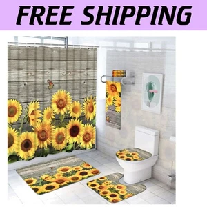 7-Piece Sunflower Shower Curtain & Rug Set - Waterproof Floral Bathroom Decor - Picture 1 of 9