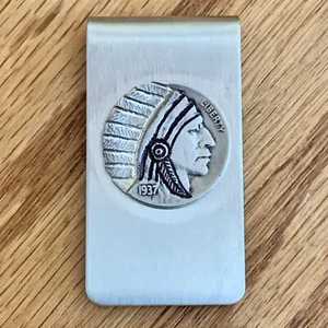 Unique Hand Carved Buffalo Nickel Hobo Nickel on Stainless Steel Money Clip - Picture 1 of 4