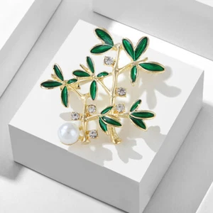 Beautiful Art Deco Style Enamel Crystal Bamboo Pearl Brooch Badge Pin Gift - Picture 1 of 7