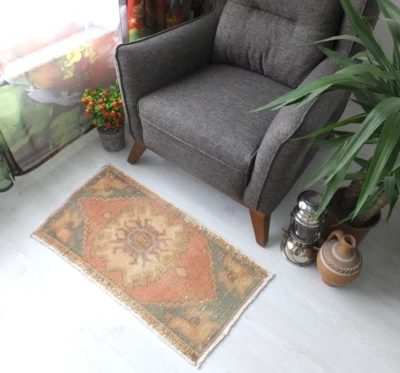 Red Vintage Handmade Door Mat, 1.6x3ft, Red Antique Hand Knotted Small Rug, - Image 1 of 4