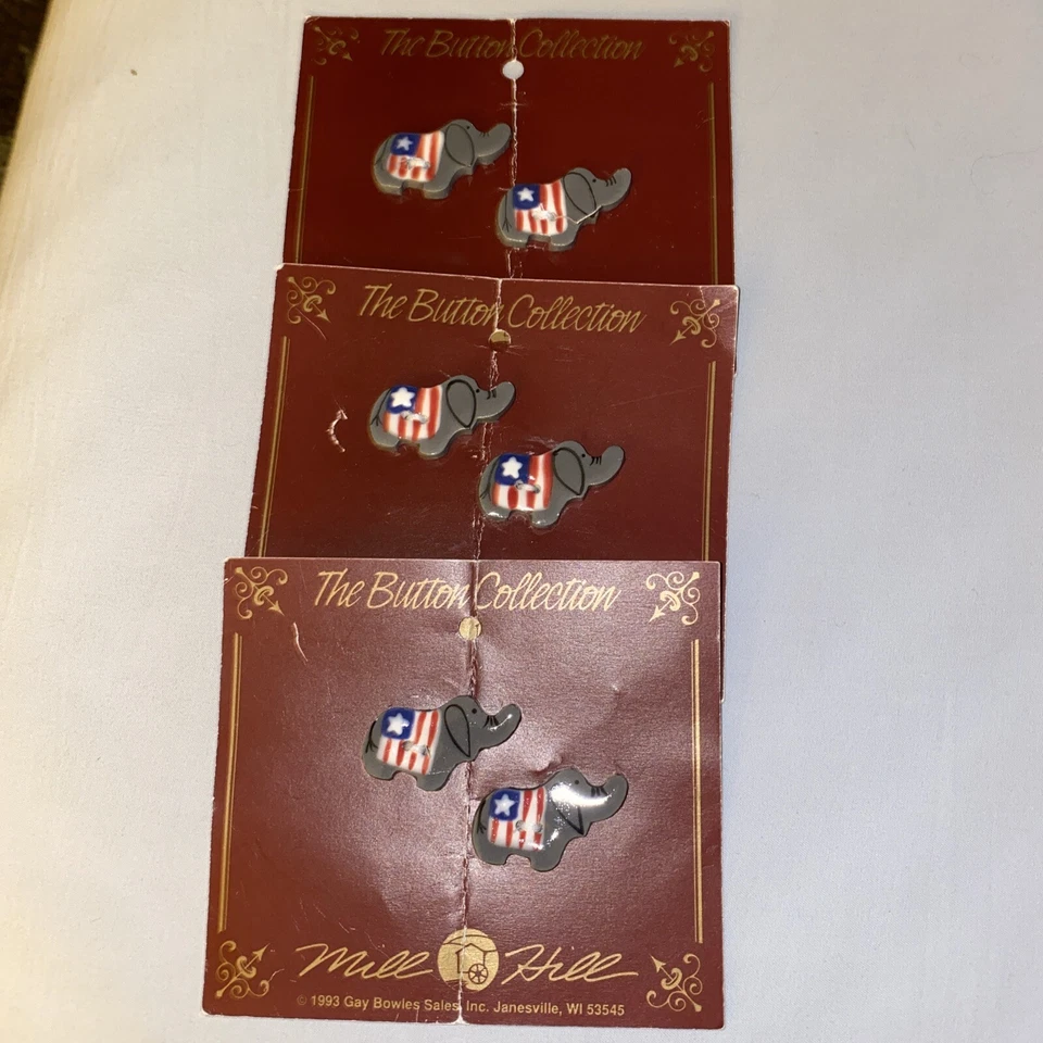 Hand Painted Flat 2 Hole Mill Hill Stars & Stripes Elephant Buttons, 1.25”X .75” - Image 1 of 2