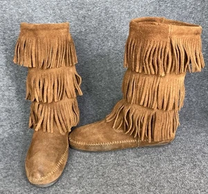 Minnetonka Mokassin Fransen Stiefel Damen 9 braun Wildleder 3-lagig Stufen 11" 1632 - Bild 1 von 19