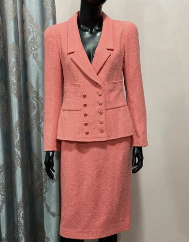 Splendida giacca tuta autentica Chanel 1996 crociera corallo tweed logo CC 40