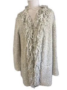 Gerry Weber Size 12 White Marled Wool Bl Fringed Long Cardigan Sweater Pockets - Picture 1 of 8