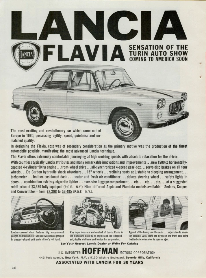 Lancia Flavia Turín 1961 Salón del Automóvil Sedán Llegando a EE. UU. Foto Anuncio Impreso De Colección Foto 1 de 1