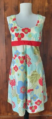 Junior 11 White Floral Summer Dress Empire Waist Red Buttons USA Made 60s Retro - Image 1 of 4