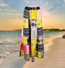 Womens Patchwork Maxi Yellow Skirt, Long Elastic Waist Colorful Vintage S/M/L