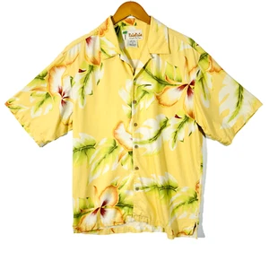 Camisa hawaiana Kula para hombre mediana amarilla 100 % seda estampado floral abotonada - Imagen 1 de 8