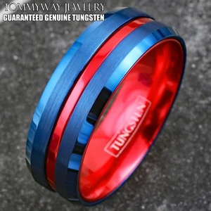 Blue Tungsten Carbide Men's Thin Red Line Wedding Band Ring - Superhero Colors - Picture 1 of 10