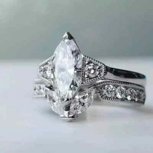 2Ct Marquise Lab Created Diamond Art Deco Style Wedding Ring 14k White Gold FN - Picture 1 of 10
