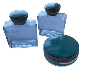 Vintage Vanity Glass Set (3) Clear, Pink, Blue Metal Tops MCM Art Deco Retro 60s - Picture 1 of 10