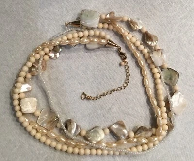 Avon Multi Strand Natural Beaded Necklace 4 Strand Gold Tone A5 - Image 1 of 4