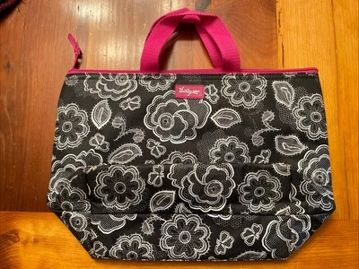"Thirty-One bolsa de almuerzo refrigeradora aislada con correas rosas florales blancas y negras 14x9x4,5""" Foto 1 de 4