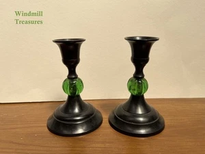 PAIR BLACK METAL CANDLESTICKS WITH LARGE GREEN BEAD - GOOD CONDITION - Picture 1 of 6