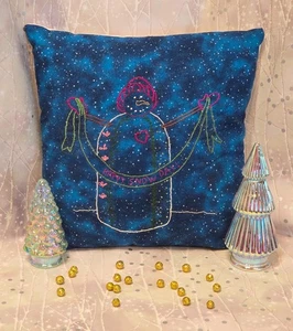 Hand Embroidered Pillow "Happy Snow Day!" on Scarf Held by Snowman 12" - Picture 1 of 3
