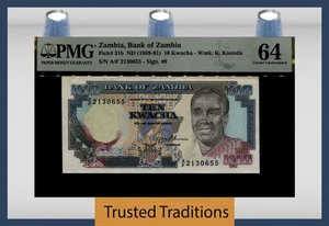 TT PK 31b 1989-91 ZAMBIA 10 KWACHA PRESIDENT K KAUNDA PMG 64 CHOICE UNCIRCULATED - Picture 1 of 2