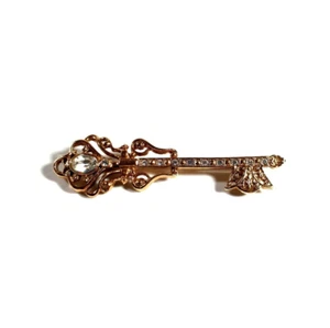 Rhinestone Key Pin Brooch Gold Tone 1.25" Fashion Collectable Realtor Real Home - Picture 1 of 4