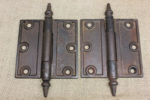 2 Old Door Hinges 3 1/2 X 3 1/2" Plain Steeple Pins 1800’s Vintage Cast Iron Cover