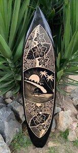 Surfer and Hibiscus Tribal Surfboard Wood Carved Tropical Wall Plaque Mango Wood - Picture 1 of 5