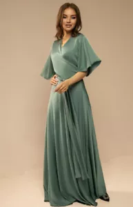 shale green satin silk wrape maxi dress for women flared sleeve v neckline - Picture 1 of 12