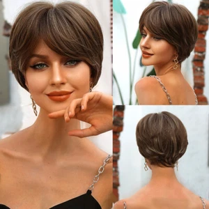 Short Fluffy Layered Chestnut Brown Mix Synthetic Hair Wigs Women Daliy Costume - Picture 1 of 7