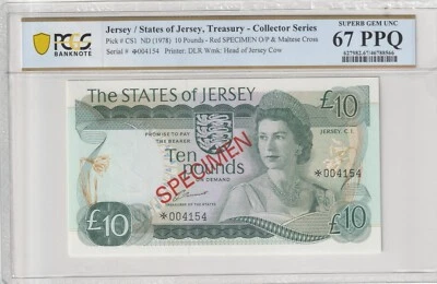 Jersey 1978 10 Pounds Certified PCGS Banknote UNC 67 PPQ Pick CS1 Specimen - Image 1 of 2
