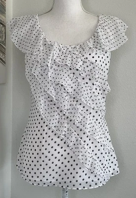 Блузка с оборками WHITE HOUSE BLACK MARKET белая и черная в горошек | размер 4 - Изображение 1 из 4