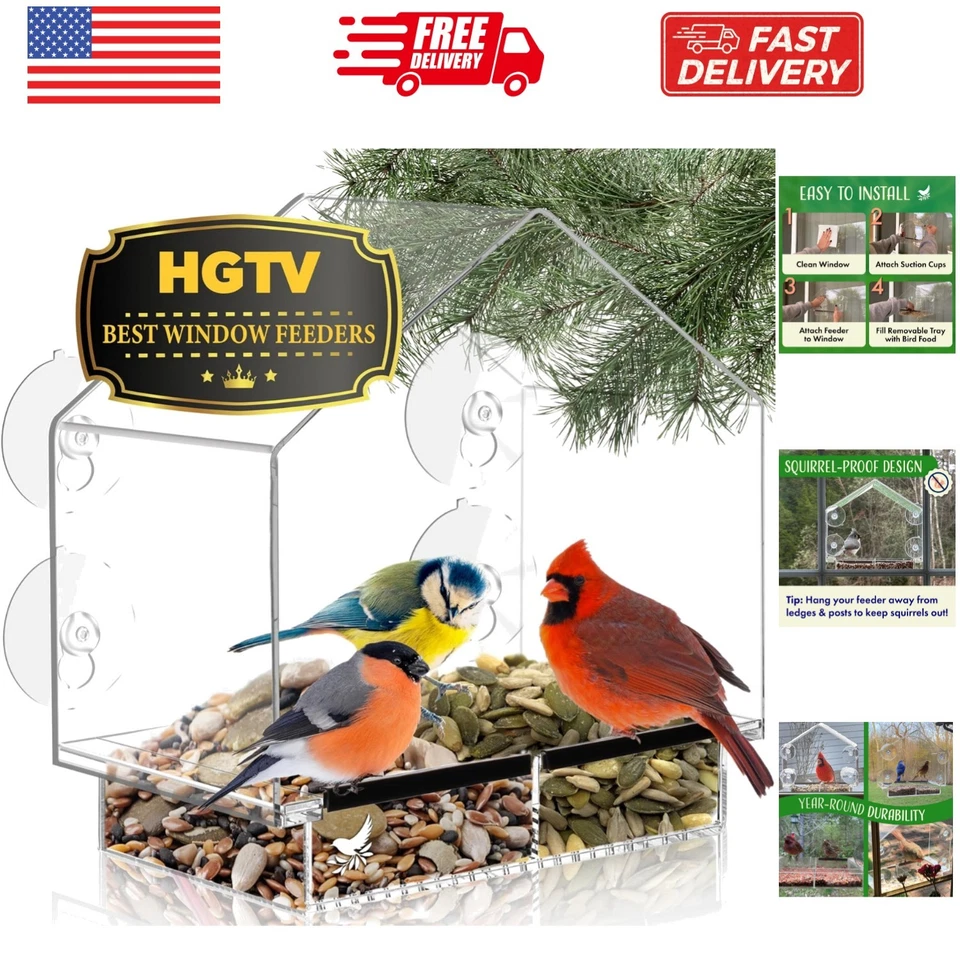 Window Bird Feeder With High Pitched Roof. Removable Sliding Tray Drain Holes